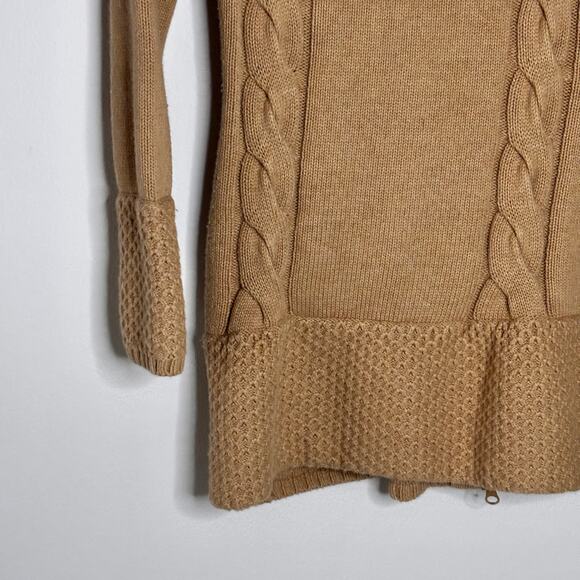Athleta Cable Knit Zip Up Sweater Cardigan Hooded Camel Size Small Pre-Loved - Picture 6 of 16